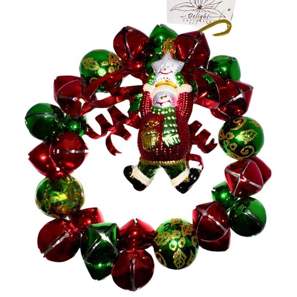 Jingle Bell Christmas Wreath with Snowman Ornament – Red & Green Metal Bells - Picture 1 of 10